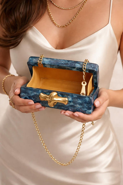 Blue Marble Resin Clutch with Gold Chain