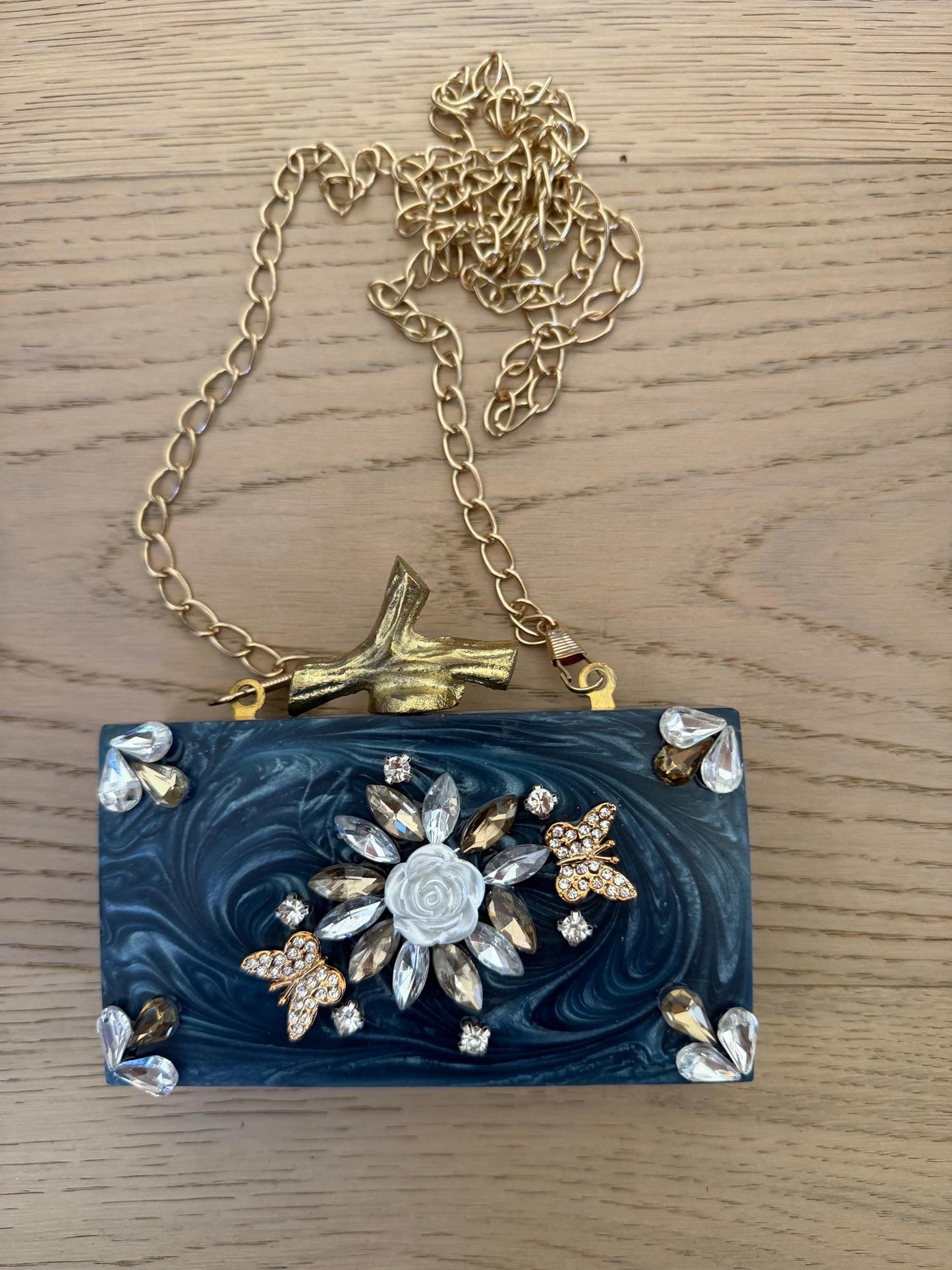 Blue Marble Resin Clutch with Gold Chain
