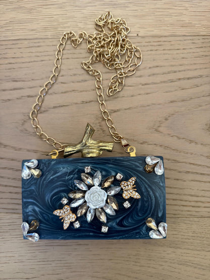 Blue Marble Resin Clutch with Gold Chain