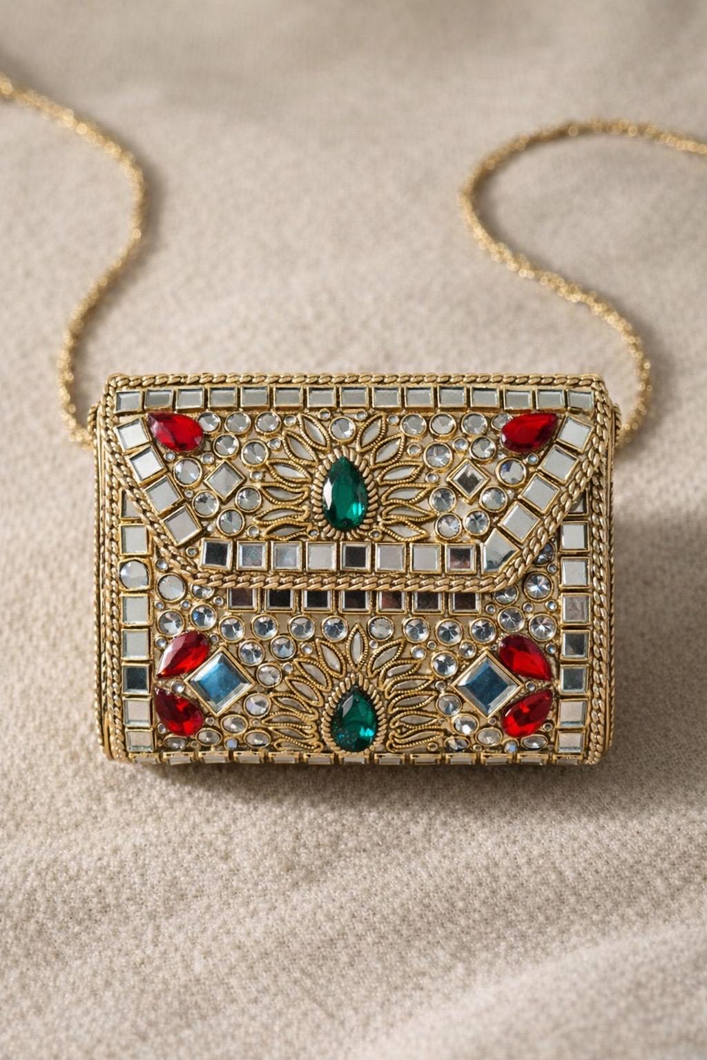 Handcrafted Mini Clutch | Gold Embellished Metal Sling Bag