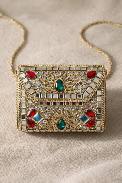 Handcrafted Mini Clutch | Gold Embellished Metal Sling Bag