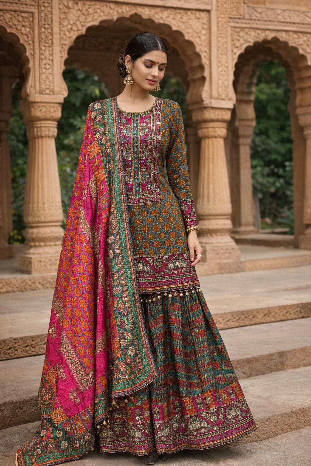 Printed Crepe Sharara Suit with Dupatta | Indian Party Wear | Size 42
