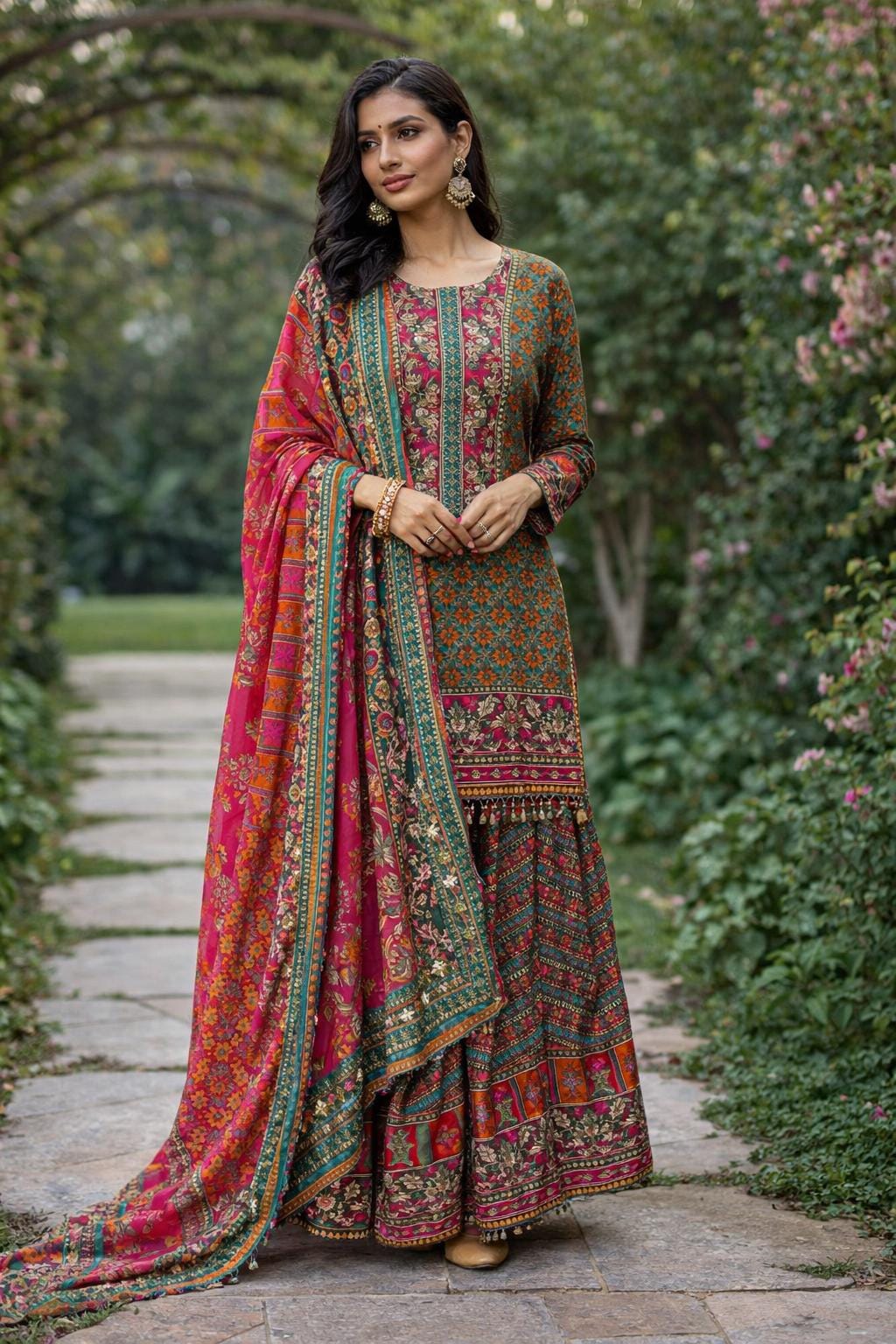 Printed Crepe Sharara Suit with Dupatta | Indian Party Wear | Size 42