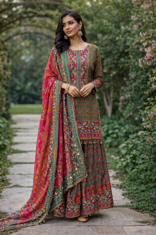 Printed Crepe Sharara Suit with Dupatta | Indian Party Wear | Size 42