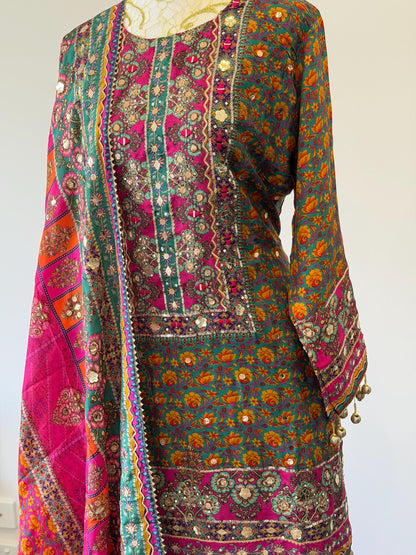 Printed Crepe Sharara Suit with Dupatta | Indian Party Wear | Size 42