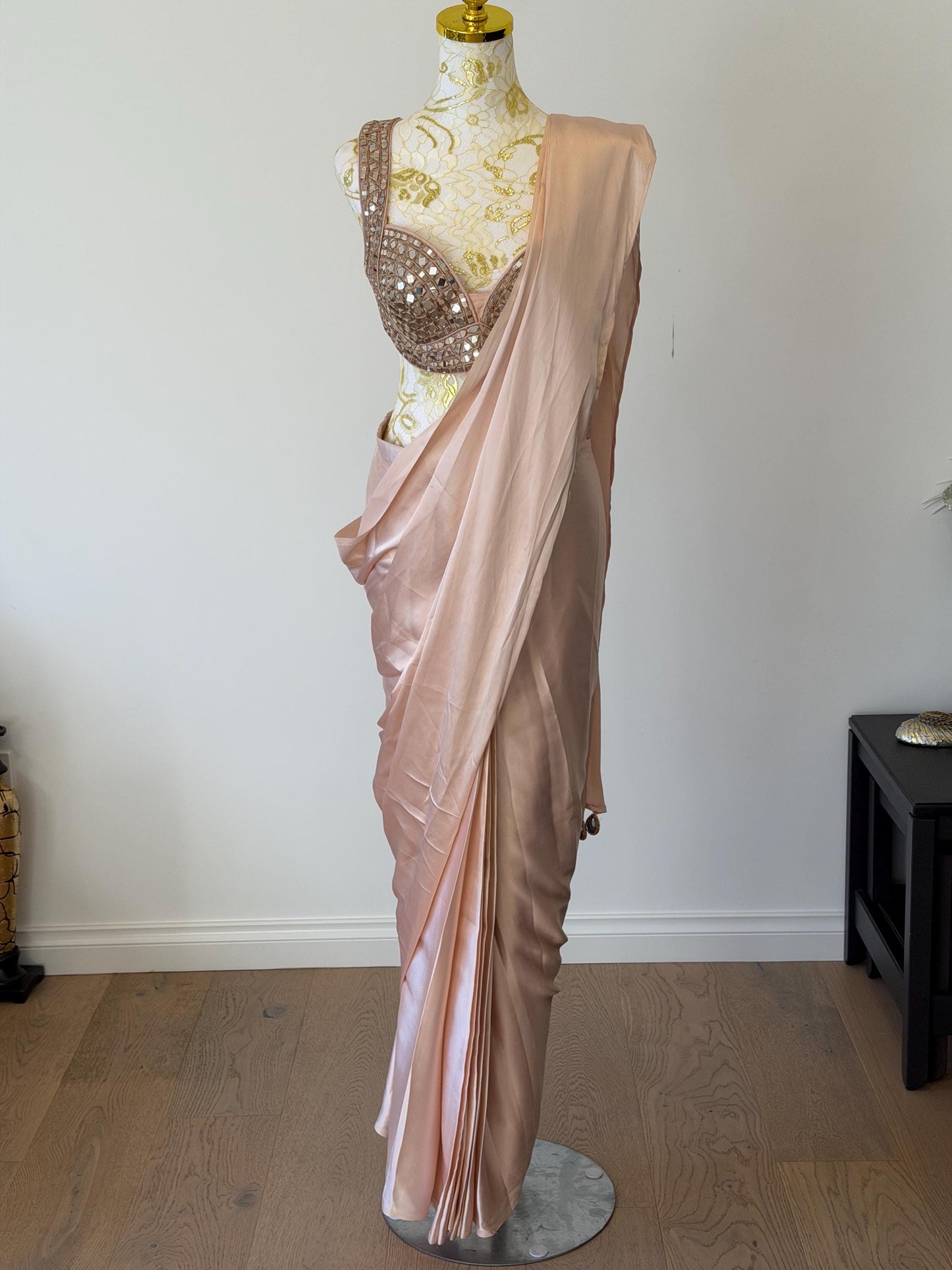 Nude Pink Ready to Wear Saree with Mirror Work Blouse