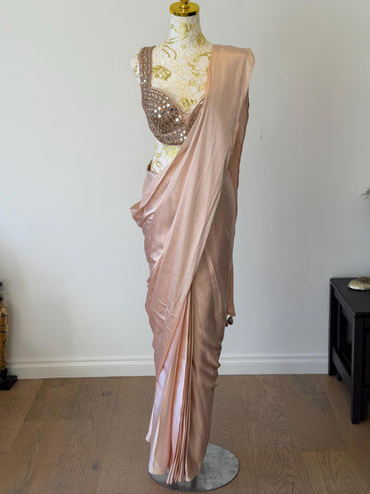 Nude Pink Ready to Wear Saree with Mirror Work Blouse