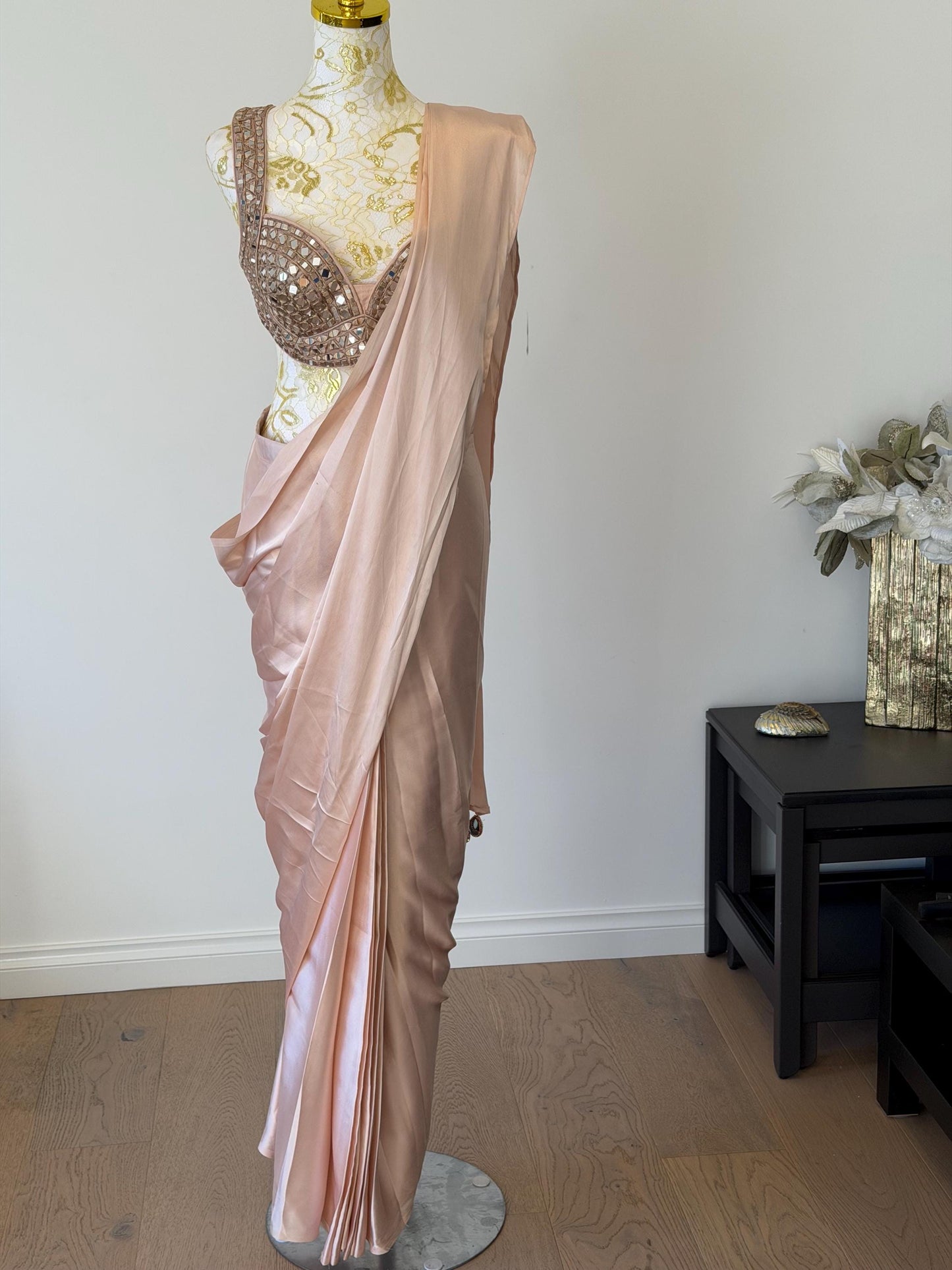 Nude Pink Ready to Wear Saree with Mirror Work Blouse