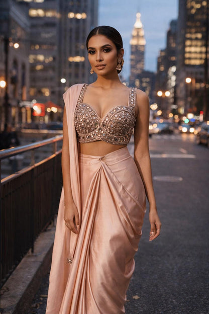 Nude Pink Ready to Wear Saree with Mirror Work Blouse
