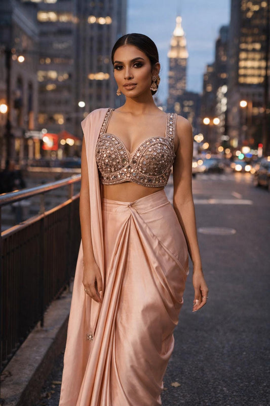 Nude Pink Ready to Wear Saree with Mirror Work Blouse
