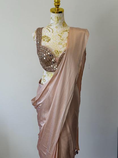 Nude Pink Ready to Wear Saree with Mirror Work Blouse