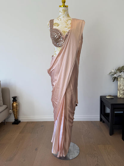 Nude Pink Ready to Wear Saree with Mirror Work Blouse