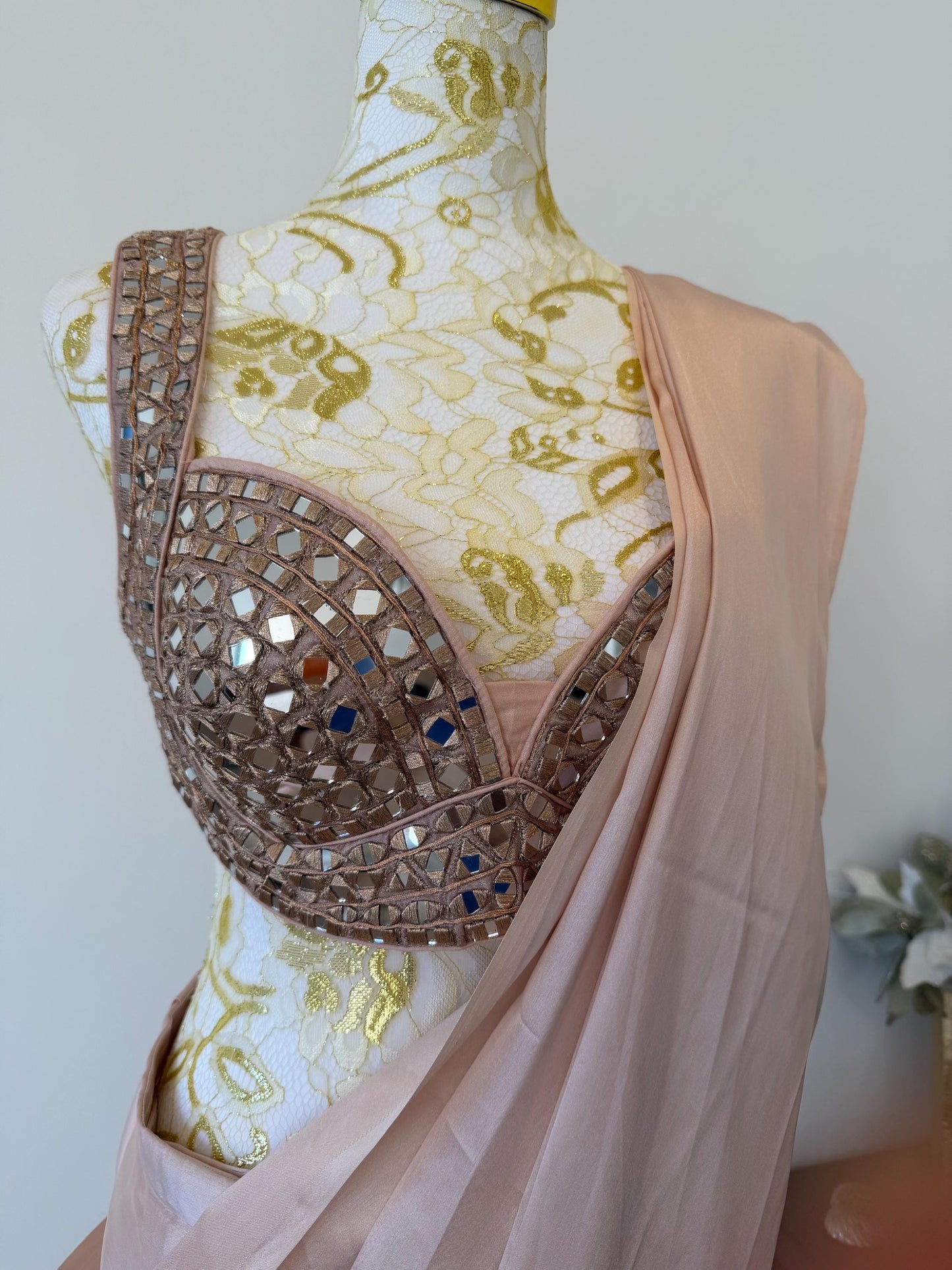 Nude Pink Ready to Wear Saree with Mirror Work Blouse