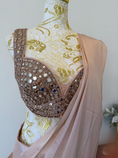 Nude Pink Ready to Wear Saree with Mirror Work Blouse