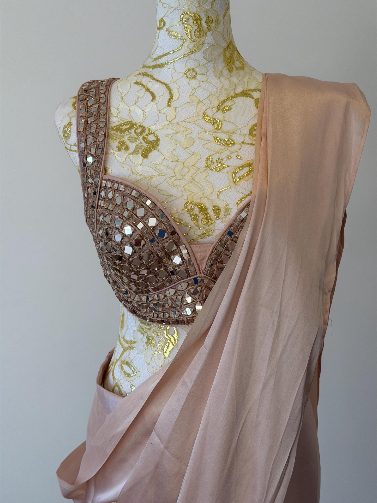 Nude Pink Ready to Wear Saree with Mirror Work Blouse