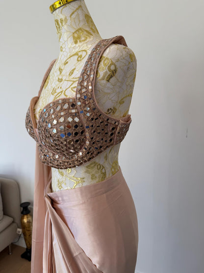Nude Pink Ready to Wear Saree with Mirror Work Blouse