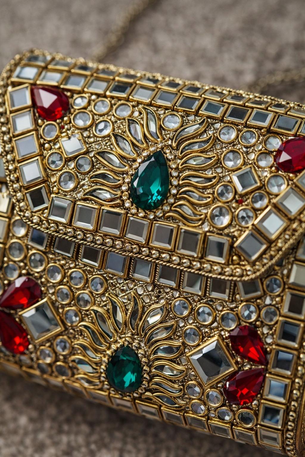 Gold Metal Evening Bag | Mirror Work Indian Wedding Clutch, size - 10*10 cms