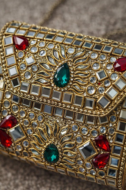 Gold Metal Evening Bag | Mirror Work Indian Wedding Clutch, size - 10*10 cms