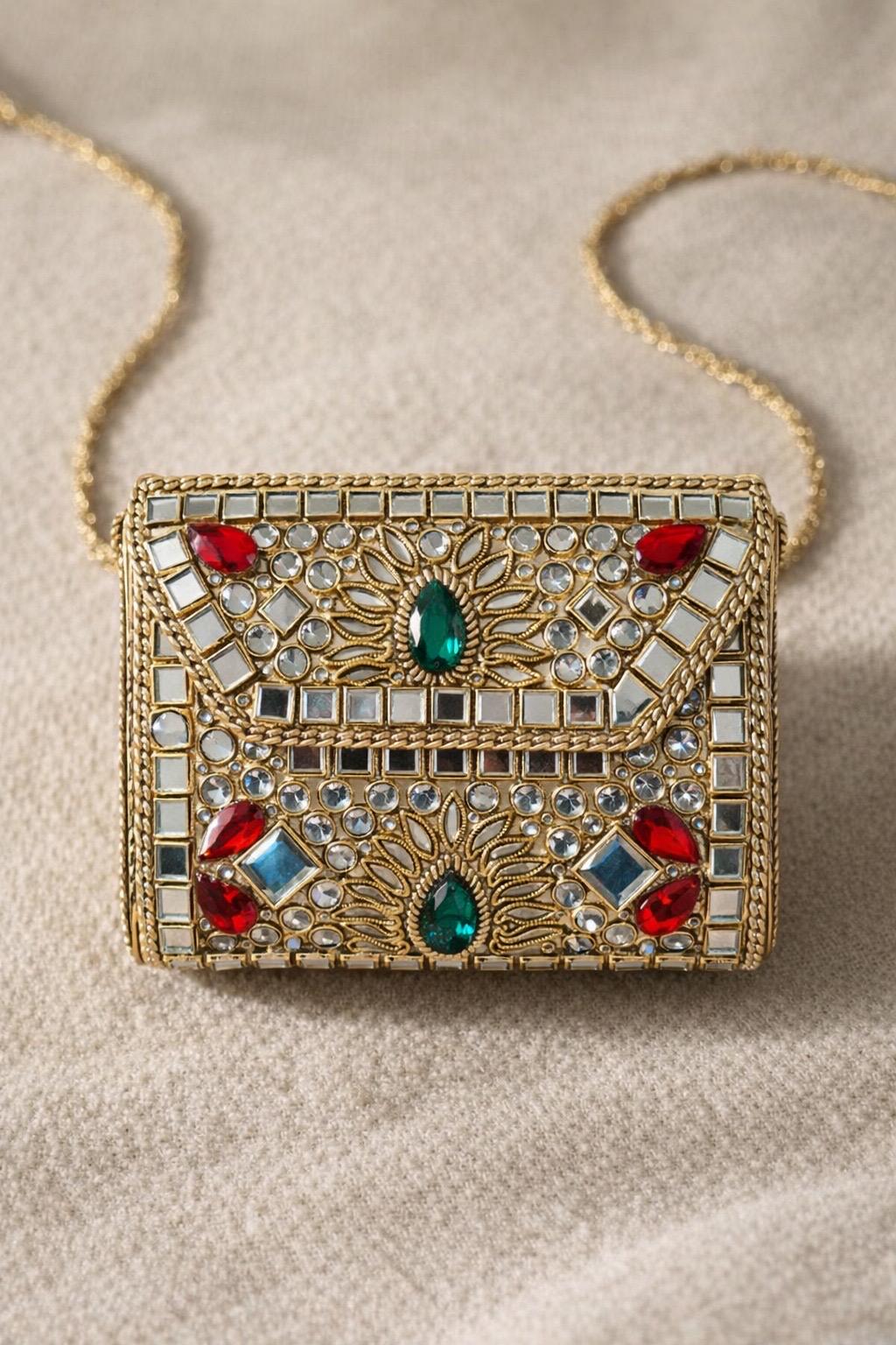 Gold Metal Evening Bag | Mirror Work Indian Wedding Clutch, size - 10*10 cms