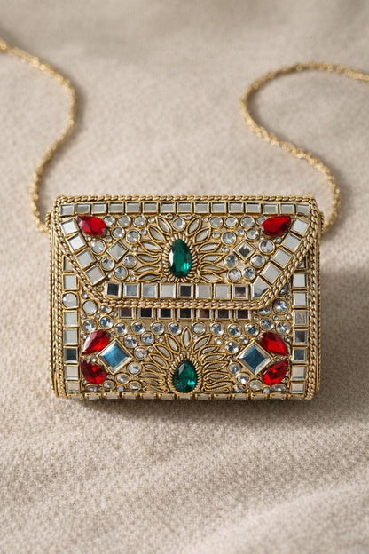 Gold Metal Evening Bag | Mirror Work Indian Wedding Clutch, size - 10*10 cms