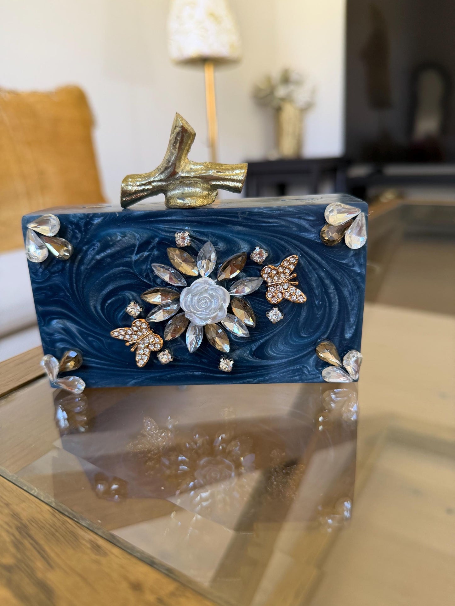 Blue Marble Resin Clutch with Gold Chain