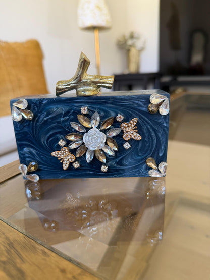 Blue Marble Resin Clutch with Gold Chain