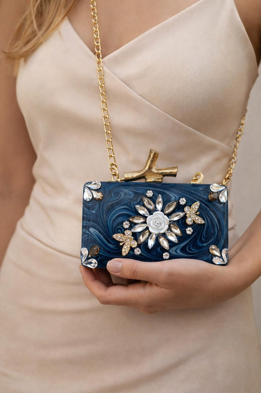 Blue Marble Resin Clutch with Gold Chain