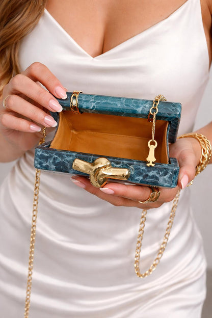 Blue Marble Resin Clutch with Gold Chain