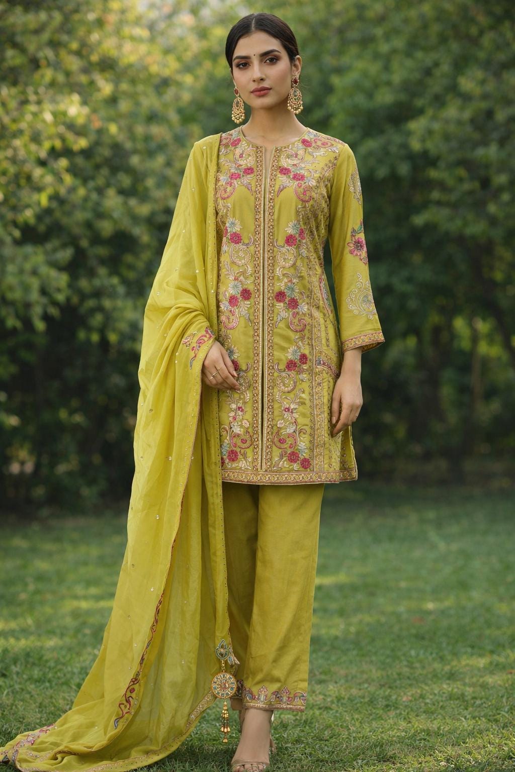 Olive Green Embroidered Salwar Suit Set
