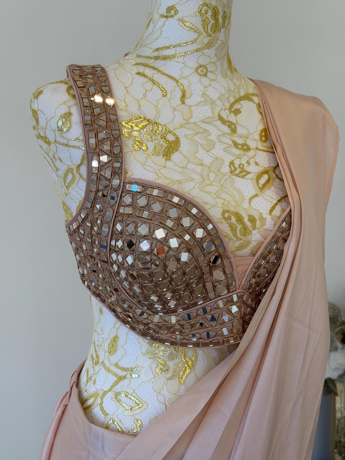 Nude Pink Ready to Wear Saree with Mirror Work Blouse