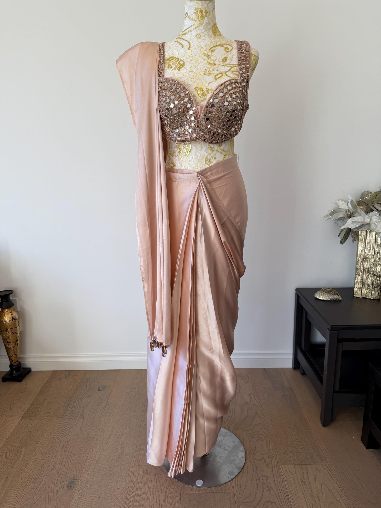 Nude Pink Ready to Wear Saree with Mirror Work Blouse