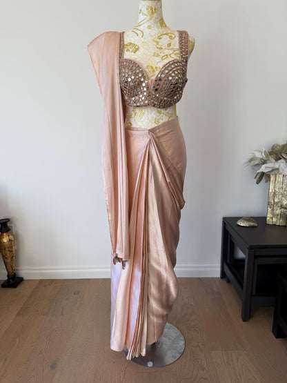 Nude Pink Ready to Wear Saree with Mirror Work Blouse