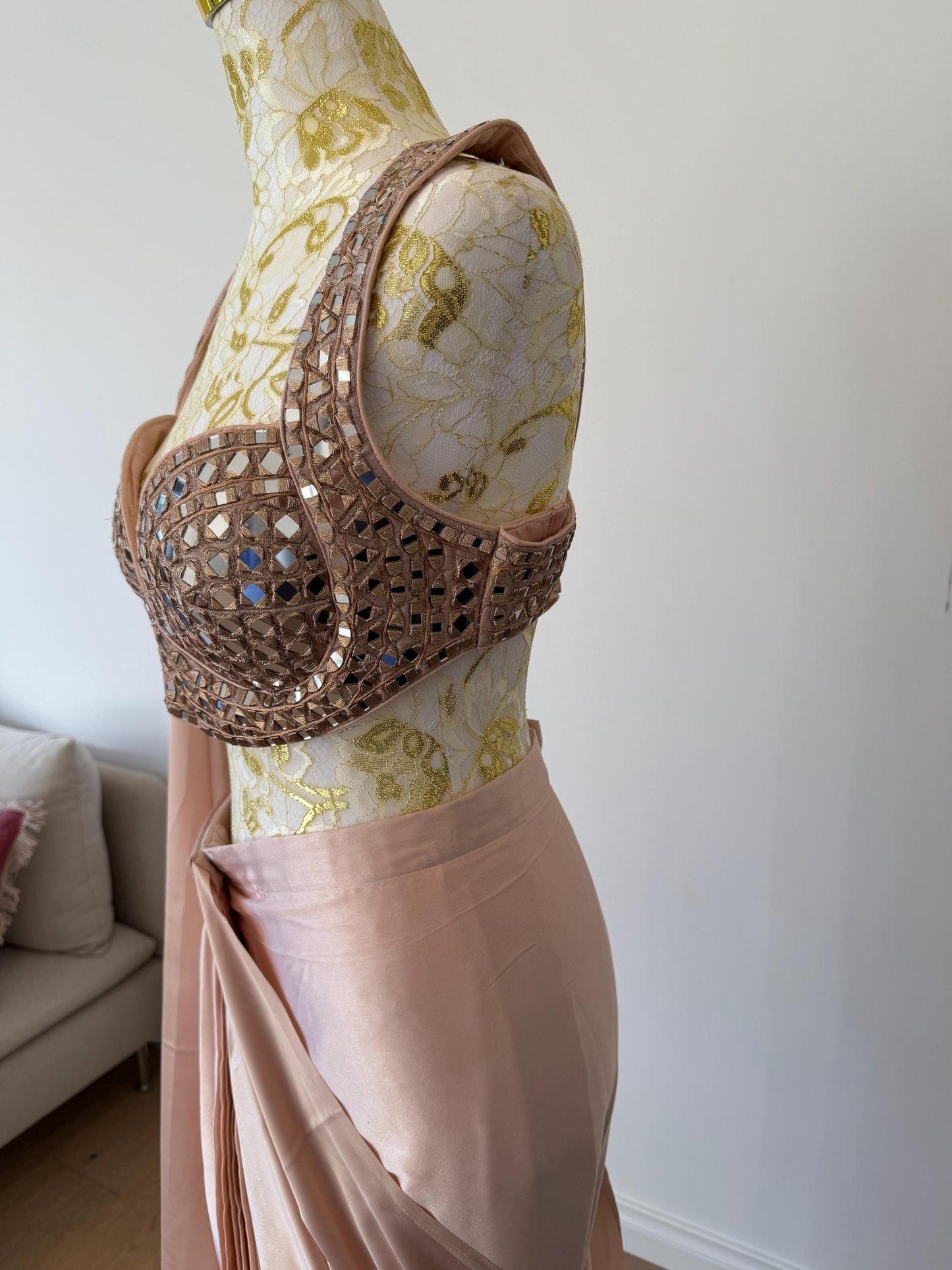 Nude Pink Ready to Wear Saree with Mirror Work Blouse