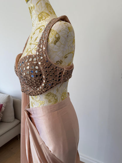 Nude Pink Ready to Wear Saree with Mirror Work Blouse