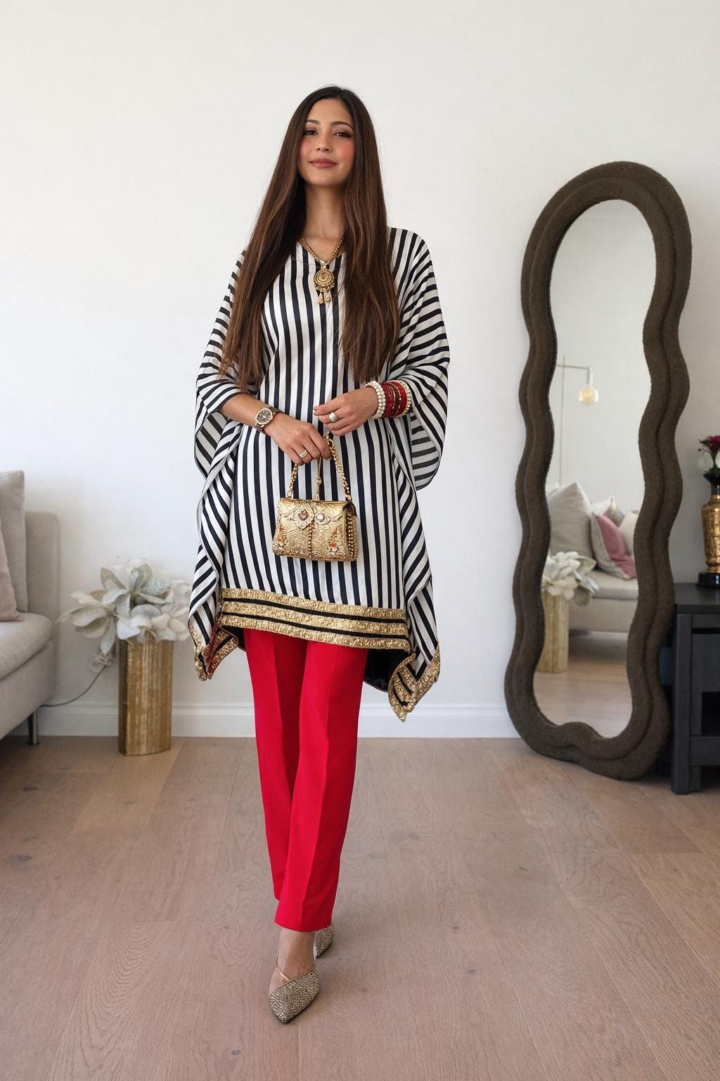 Striped Kaftan Kurti with Red Pants