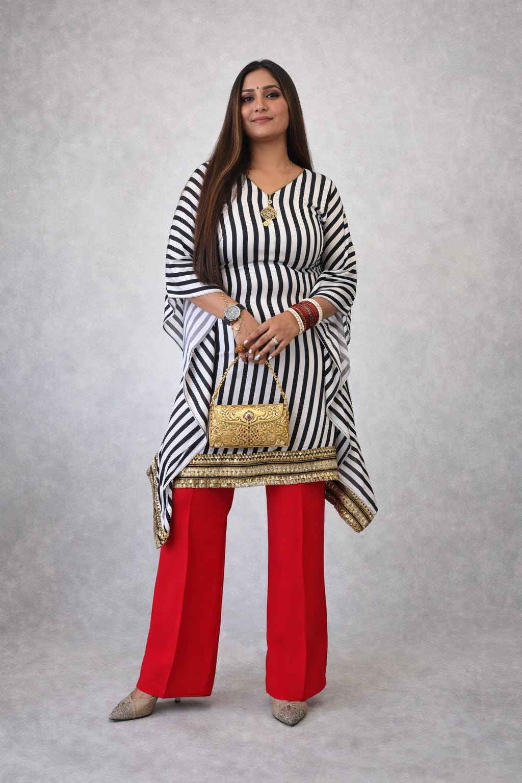 Striped Kaftan Kurti with Red Pants