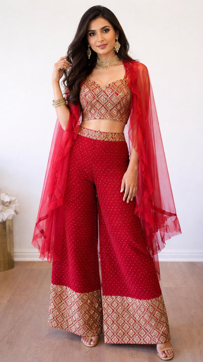 Red & Gold Embroidered pants Set