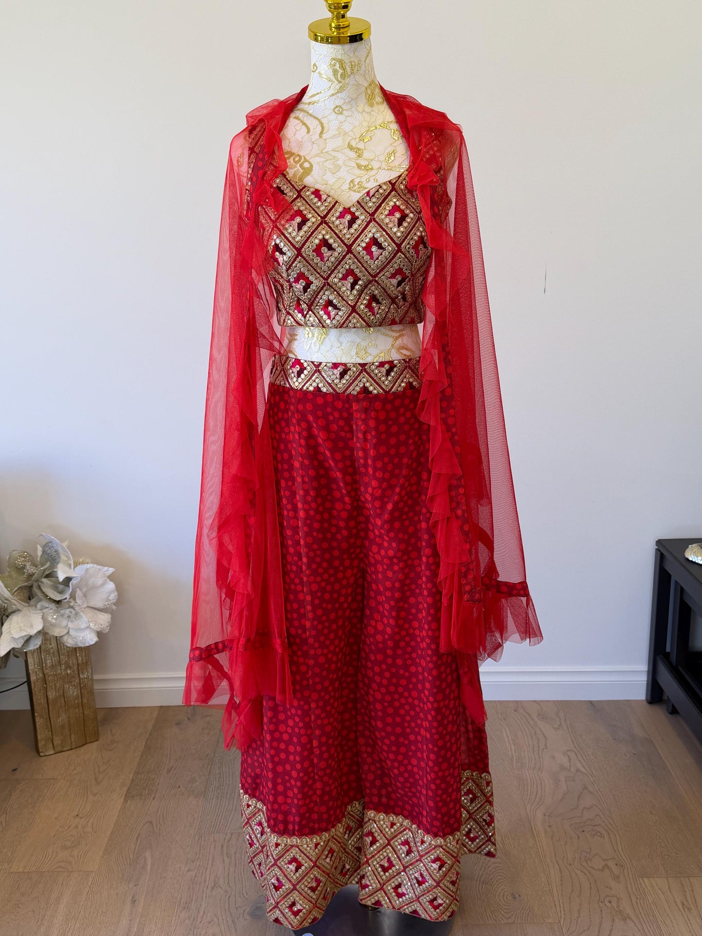 Red & Gold Embroidered pants Set
