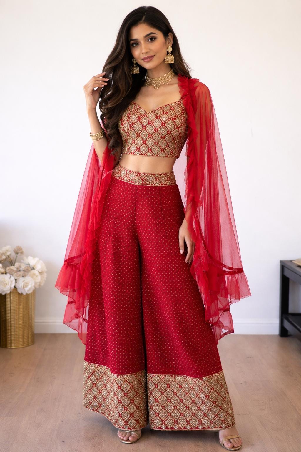 Red & Gold Embroidered pants Set