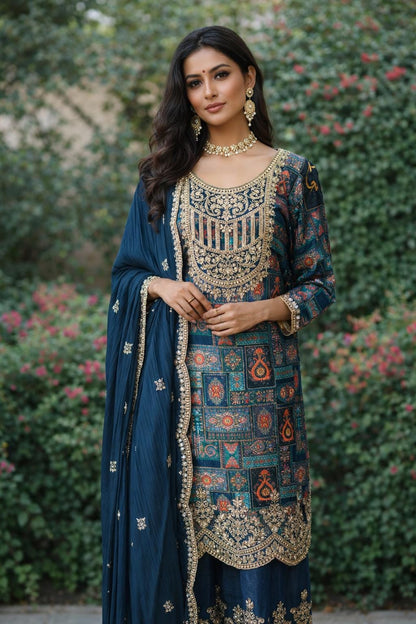 Royal Blue Brocade Kurta Set | Gold Embroidered Dupatta, Indian Wedding Outfit