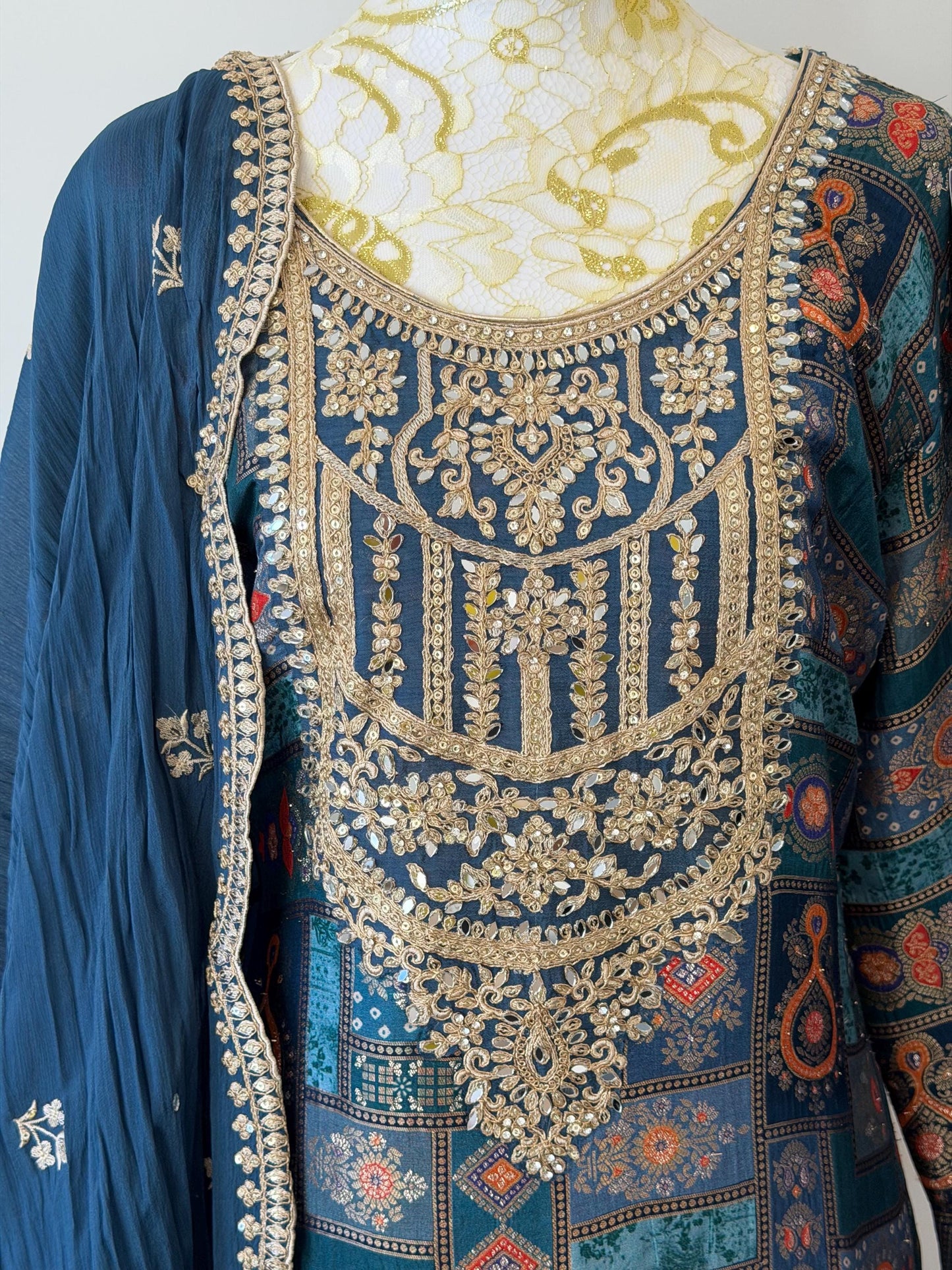 Royal Blue Brocade Kurta Set | Gold Embroidered Dupatta, Indian Wedding Outfit