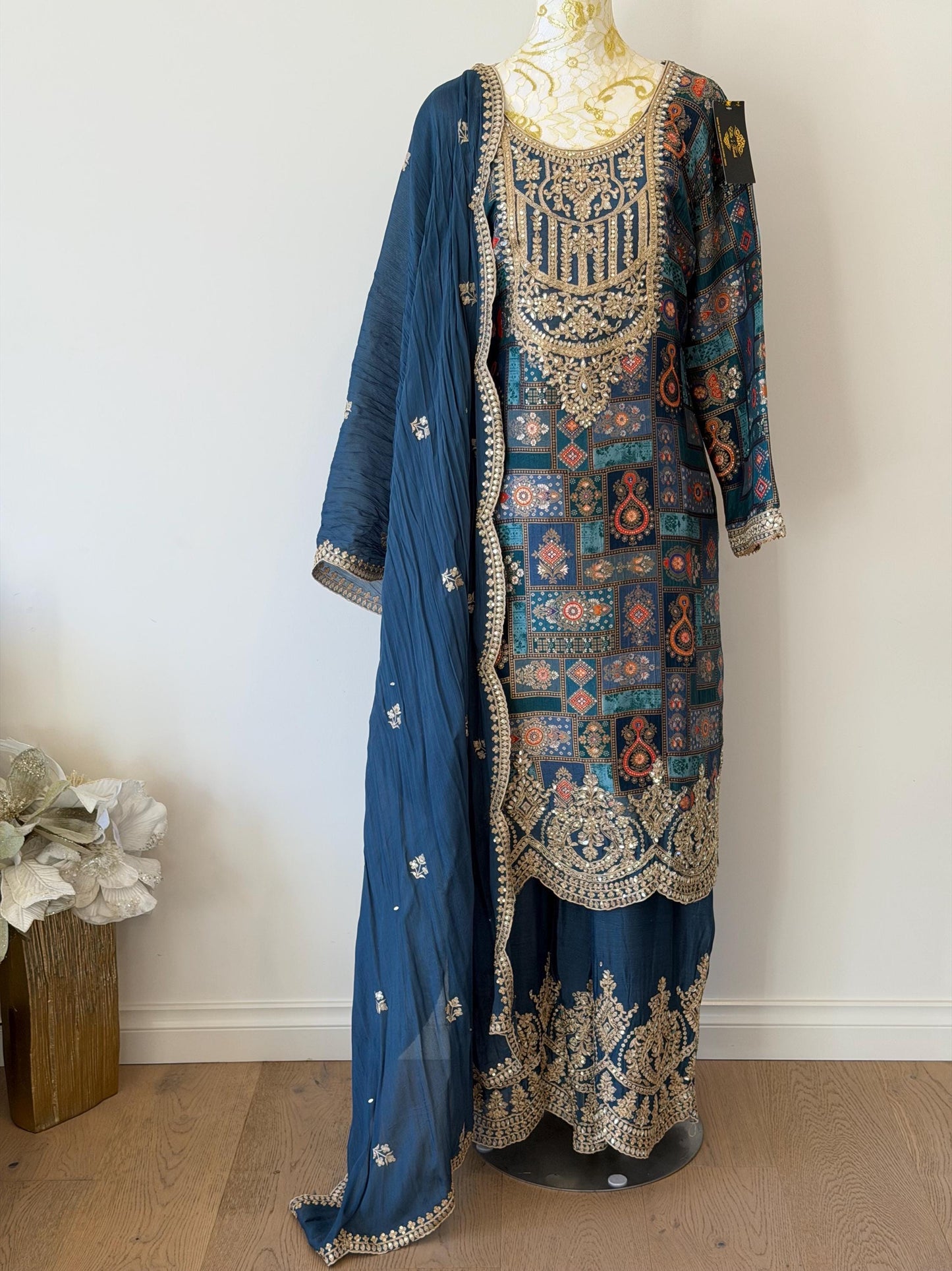 Royal Blue Brocade Kurta Set | Gold Embroidered Dupatta, Indian Wedding Outfit