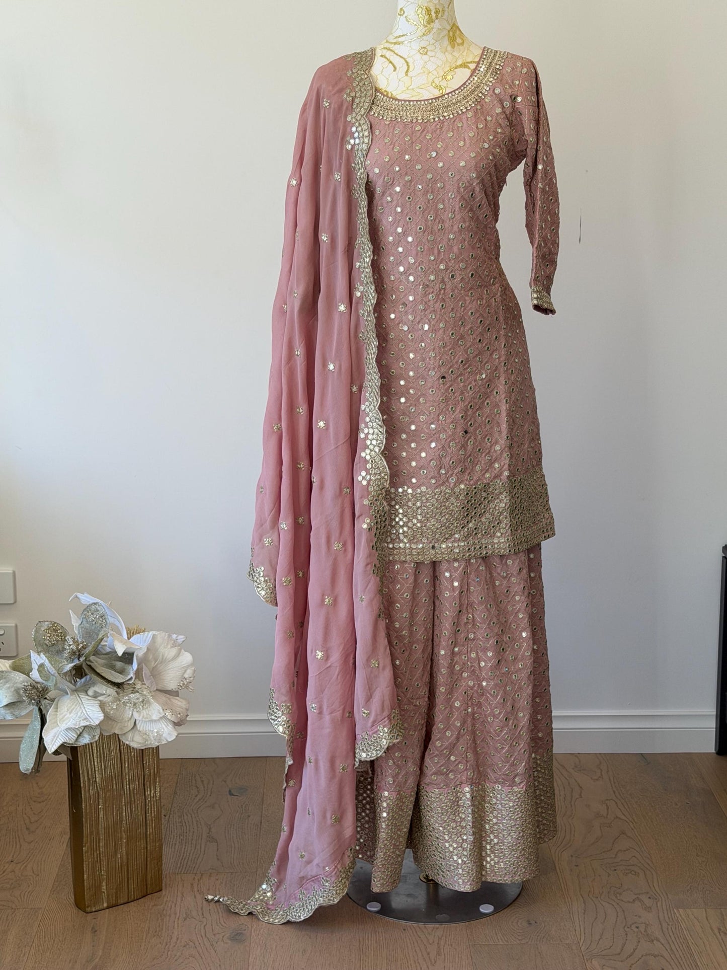 Elegant Dusty Rose Embroidered Sharara Suit