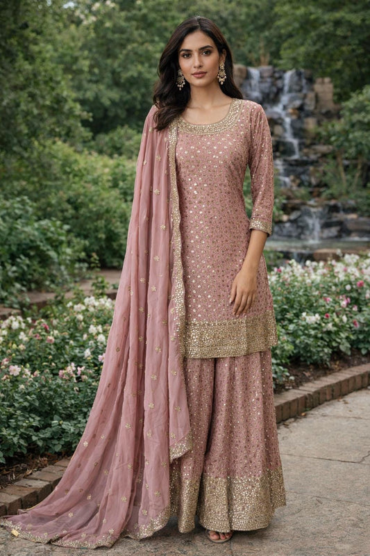 Elegant Dusty Rose Embroidered Sharara Suit