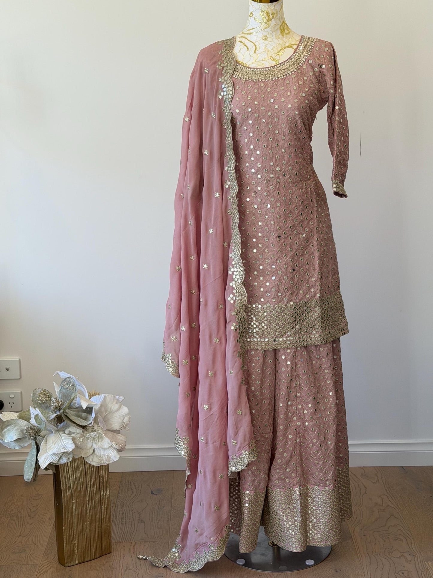 Elegant Dusty Rose Embroidered Sharara Suit