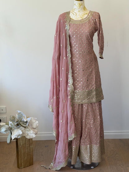 Elegant Dusty Rose Embroidered Sharara Suit
