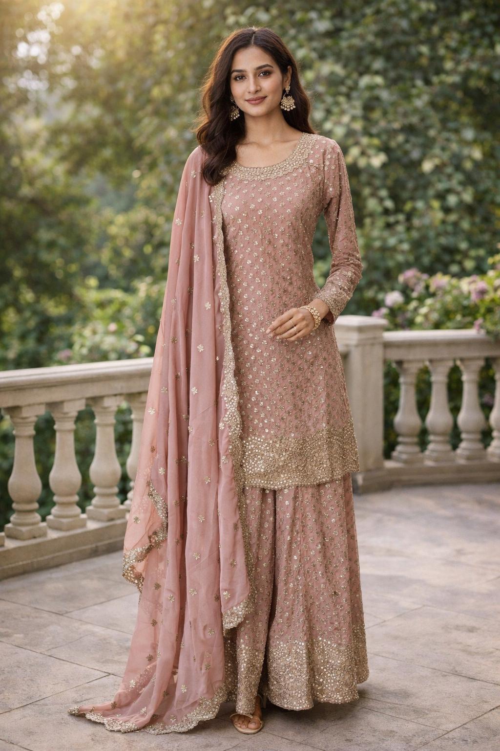 Elegant Dusty Rose Embroidered Sharara Suit
