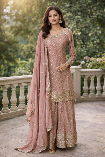 Elegant Dusty Rose Embroidered Sharara Suit
