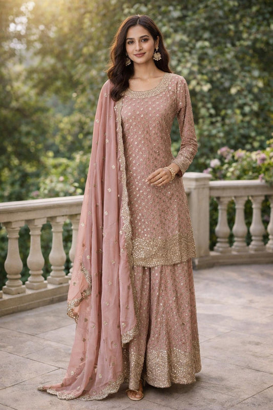Elegant Dusty Rose Embroidered Sharara Suit