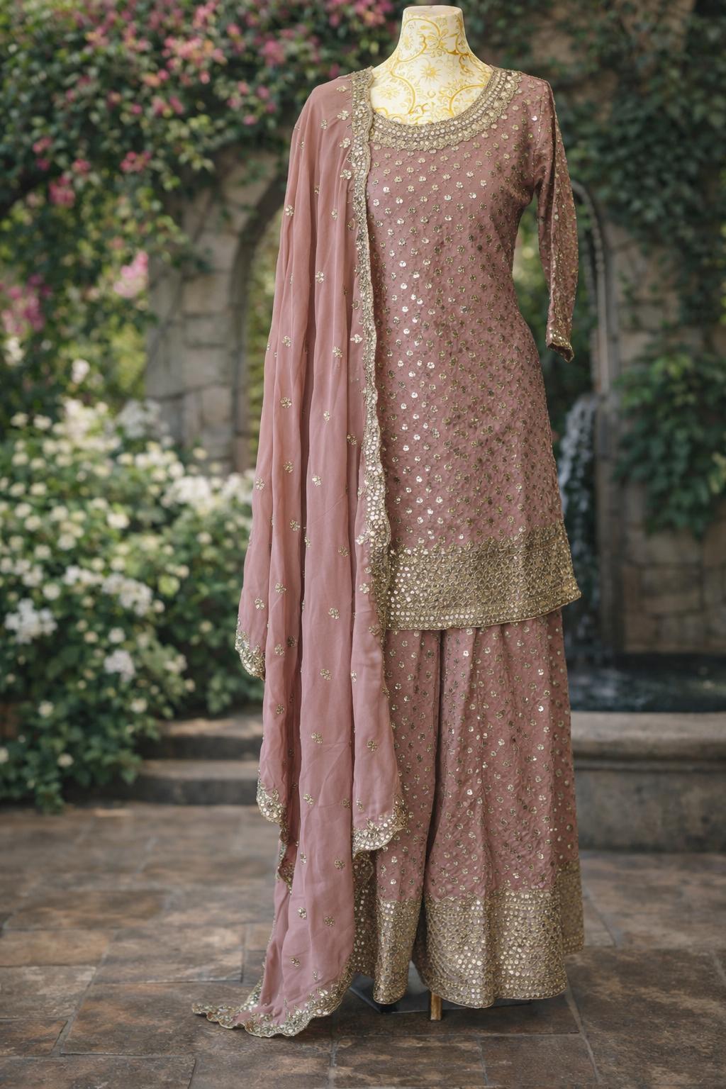 Elegant Dusty Rose Embroidered Sharara Suit